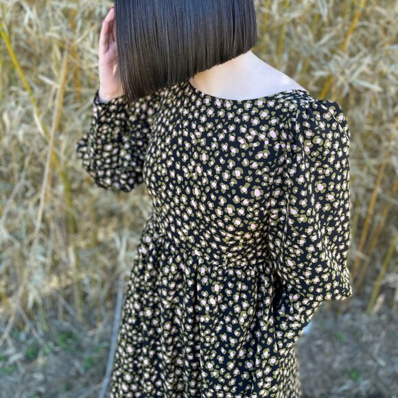 Who What Wear Olive Green Pink Leopard Print Puff Sleeve A-Line Midi Dress - Picture 1 of 3